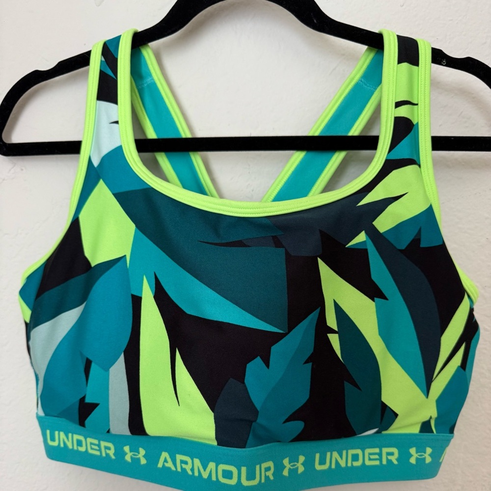 Under Armour Women's Leaf Print Sports Bra - Neon Green and Teal